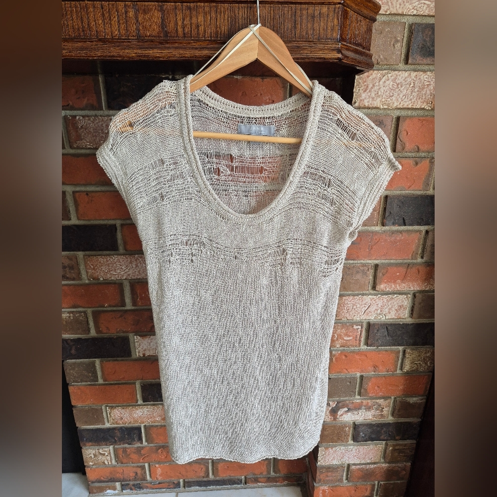 Beige Fine Knit Short Sleeve Crochet Top